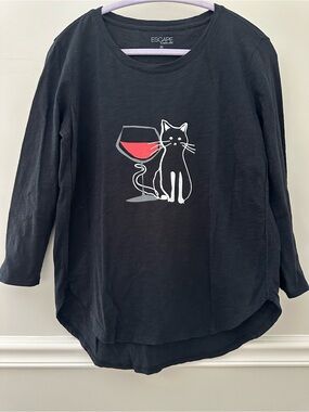 Escape by Habitat Black Long-Sleeve Cat & Wine Graphic Tee XS